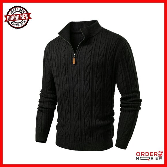 Men's Quarter Zip Cable Knit Pullover Sweater Stand Collar Winter